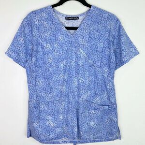 Los Angeles Rose Blue Patterned Tie Back Scrub Top Shirt Size Small S